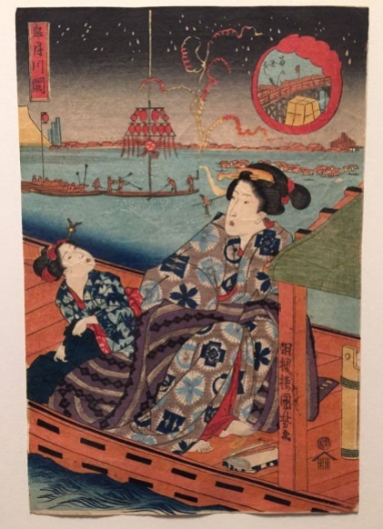 Utagawa Kuniyoshi, La fête de la rivière au pont de Ryōgoku, le cinquième mois, Série sans titre de beautés avec des enfants au fil des douze mois de l’année, vers 1836